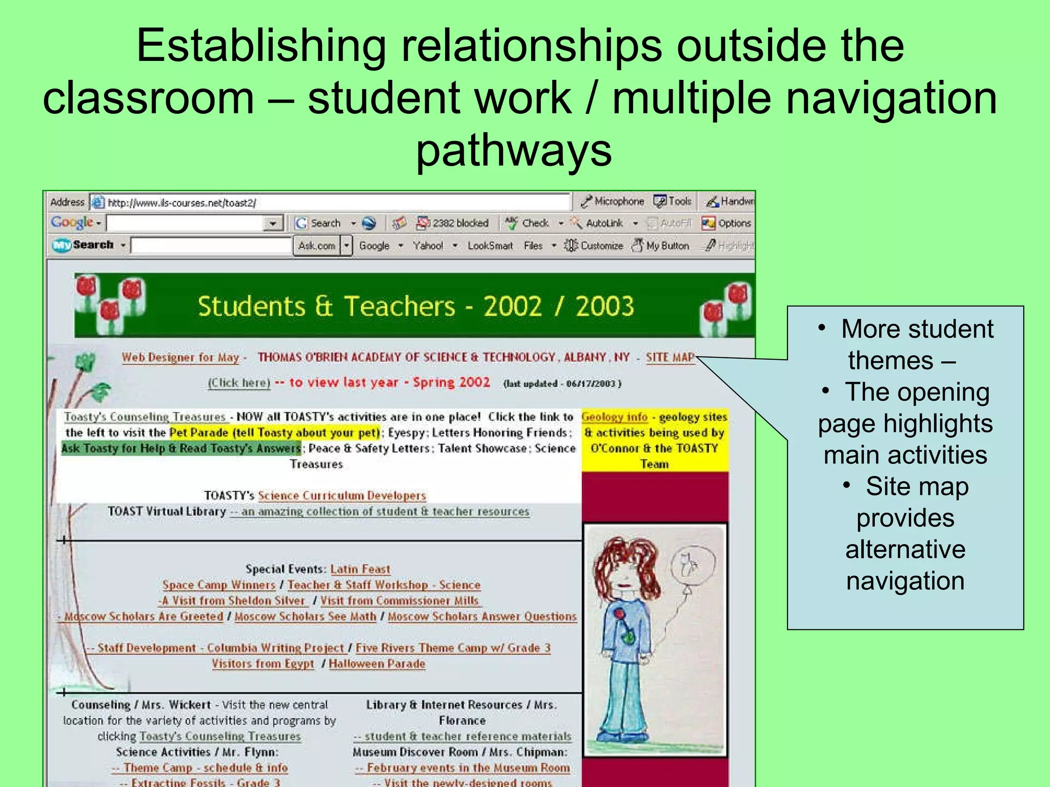 Establishing relationships outside the classroom – student work / multiple navigation pathways  More student themes –  The opening page highlights main activities Site map provides alternative navigation 