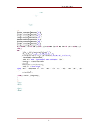 ONLINE JOB PORTAL
</td>
</tr>
</table>
<%
String s1=request.getParameter("loc");
String s2=request.getParameter("area");
String s3=request.getParameter("key");
String s4=request.getParameter("vac");
String s5=request.getParameter("sal");
String s6=request.getParameter("ivdt");
String s7=request.getParameter("ivt");
String s8=request.getParameter("ivp");
if(s1!=null && s2!=null && s3!=null && s4!=null && s5!=null && s6!=null && s7!=null && s8!
=null){
try{
String b1=(String)session.getAttribute("x1");
Class.forName("sun.jdbc.odbc.JdbcOdbcDriver");
Connection c=DriverManager.getConnection("jdbc:odbc:abc","root","root");
Statement s =c.createStatement();
String sql = "select * from employer where emp_name='"+b1+"'";
ResultSet rs=s.executeQuery(sql);
rs.next();
Statement a =c.createStatement();
String sql1 = "insert into job
values('"+b1+"','"+rs.getString(3)+"','"+s4+"','"+s5+"','"+s2+"','"+s1+"','"+s3+"','"+s6+"','"+s7+"','"+s8+
"')";
a.execute(sql1);
}catch(Exception e ){out.println(e);
}
}
%>
</table>
</form>
</body>
</html>
37
 