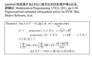 Lemma1を拡張するとさらに強力な次の定理が得られる。
詳細は：Mathematical Programming 127(1), 2011, pp.3-30
Pegasos:primal estimated sub-gradient solver for SVM. Shai
Shalev-Schwarts, et.al.
 
 
 
      
。から選ばれた部分集合は全データ　　　　　　　　　
　　　　　　
に対して　　　　　　
　　とするとしないときは　　　　　　　　　　　
したときは　かつ　　
　入力データ
DA
T
Tc
Af
T
Af
T
T
Rcprojection
Rcprojection
fR
t
T
t
t
T
t
tt
f


2
ln1
;
1
;
1
3
4
minarg,:)(:1Theorem
1
*
1
2
2
*






 
ww
wwxx
w
 