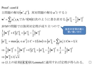  
 
   
    られる。　□　　に適用すれば定理が得を以上の結果
が成り立つのでの問題では強双対定理
る。は次のように書き直せであり
とすると、双対問題の解を主問題の解を
Lemma1321
1
2
11
2
1
2
1
2
1
11max
2
1
2
1
2
1
50
,
dcont':Proof
*
2*2*
1
*
1
*2*2*
1
1
***
2*
1
*
1
*2*
2*
1
*
1
**
***


















w
wwww
ww
wxw
w
C
CmmC
C
SVM
y
m
i
ii
m
i
iii
強双対定理の実に
賢い使い方だ
 
