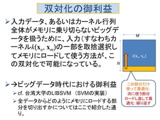 双対化の御利益
入力データ、あるいはカーネル行列
全体がメモリに乗り切らないビッグデ
ータを扱うために、入力（すなわちカ
ーネルk(xn, xm)の一部を取捨選択し
てメモリにロードして使う方法が、こ
の双対化で可能になっている。
ビッグデータ時代における御利益
cf. 台湾大学のLIBSVM （SVMの実装）
全データからどのようにメモリにロードする部
分を切り出すかについてはここで紹介した通
り。
k(xn, xm)
M
N
この部分だけ
使って最適化：
次に使う部分
ロードし直して最
適化：繰り返す
 