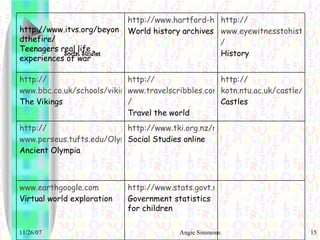 Social Studies http://www.stats.govt.nz/schools-corner/default.htm Government statistics for children www.earthgoogle.com Virtual world exploration http://www.tki.org.nz/r/socialscience/curriculum/SSOL/index_e.php Social Studies online http:// www.perseus.tufts.edu/Olympics/site.html Ancient Olympia http:// kotn.ntu.ac.uk/castle/castl_fm.html Castles http:// www.travelscribbles.com / Travel the world  http:// www.bbc.co.uk/schools/vikings/index.shtml The Vikings http:// www.eyewitnesstohistory.com / History http://www.hartford-hwp.com/archives/index.html World history archives http://www.itvs.org/beyondthefire/ Teenagers real life experiences of war 