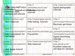 Multimedia and web authoring http:// www.jsharp.co.nz / Excellent resources and ideas for teachers http://www.crews.org/curriculum/ex/compsci/webresources/index.htm Web resources http:// davesite.com/webstation/html / Web design tutorial http:// www.crystalcafe.com / Animations http:// journalism.berkeley.edu /multimedia/course/storyboarding/ Digital storytelling tutorials http:// www.freefoto.com/index.jsp Free photos http:// www.ncsu.edu/midlink/rub.multi.htm Rubric assessment for multimedia http:// electronicportfolios.org/index.html Electronic portfolios http://newali.apple.com/ali_sites/ali/exhibits/1000019/ Video making  tutorials http:// cooltext.com / Text resources http://www.microsoft.com/windowsxp/using/digitalphotography/default.mspx Digital photography tutorials http:// webmonkey.wired.com / Web resources and tutorials http://www.nmpft.org.uk/anim8ed/ Animation ideas, examples and tutorials 