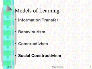 Models of Learning Information Transfer Behaviourism Constructivism Social Constructivism 