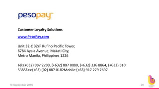 19 September 2019 20
Customer Loyalty Solutions
www.PesoPay.com
Unit 32-C 32/F Rufino Pacific Tower,
6784 Ayala Avenue, Makati City,
Metro Manila, Philippines 1226
Tel:(+632) 887 2288, (+632) 887 0088, (+632) 336 8864, (+632) 310
5385Fax:(+63) (02) 887 0182Mobile:(+63) 917 279 7697
 
