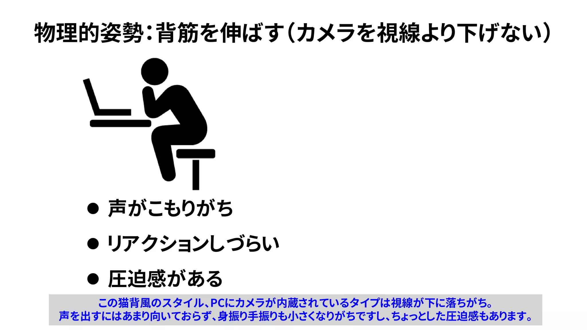 物理的姿勢：背筋を伸ばす（カメラを視線より下げない）
⚫ 声がこもりがち
⚫ リアクションしづらい
⚫ 圧迫感がある
この猫背風のスタイル、PCにカメラが内蔵されているタイプは視線が下に落ちがち。
声を出すにはあまり向いておらず、身振り手振りも小さくなりがちですし、ちょっとした圧迫感もあります。
 