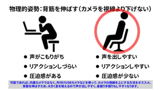 物理的姿勢：背筋を伸ばす（カメラを視線より下げない）
⚫ 声を出しやすい
⚫ リアクションしやすい
⚫ 圧迫感が少ない
⚫ 声がこもりがち
⚫ リアクションしづらい
⚫ 圧迫感がある
可能であれば、内蔵カメラではなく、外付けUSBカメラなどを使って、カメラの視線を上にする方法をオススメ。
背筋を伸ばすため、大きく息を吸えるので声が出しやすく、身振り手振りもしやすくなります。
 