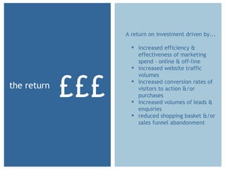 the return <ul><li>A return on investment driven by... </li></ul><ul><ul><li>increased efficiency & effectiveness of marke...