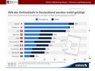 HOT TOPIC > Responsives Design
Fähigkeit & Bedeutung des responsiven Designs
Google festgestellt hat, dass heutzutage mehrere Trends in der Nutzung
des Internets existieren und hat diese auch im Rahmen des Google Partner Events vorgestellt:
• Früher gab es mit Desktop PCs quasi nur einen Gerätetyp. Durch die Verbreitung von
Smartphones werden inzwischen bevorzugt mobile Endgeräte und besonders Smartphones zur
Informationsbeschaffung genutzt.
• Smartphones werden vorwiegend in den Morgenstunden zur Informationsbeschaffung, z.B. im
Rahmen einer Recherche für eine Buchung oder einen Kauf, genutzt. Während des Tages
wechselt der Nutzer dann häufiger den Gerätetyp und führt dann letztendlich seine Buchung,
Kauf, o.ä. auf dem Desktop PC durch.
• Mobile Geräte unterstützen mit Funktionen wie Store Locator, Preisvergleiche, Click to Call,
Testrecherche u.v.m. auch den Kauf in traditionellen, niedergelassenen Geschäften. Hinzu
kommt die vermehrte Interaktion über Soziale Medien (facebook, twitter, swarm, pinterest,
youtube, etc.) mit Händlern und Websitebetreibern.
Fazit
Auch wenn Google derzeit (noch) nicht öffentlich sagt, dass traditionell programmierte Websites im
Ranking abgestraft werden, so legen doch die Vielzahl von den oben aufgeführten Indizien diese
Maßnahme letztendlich nah. In der Vergangenheit hat dies Google bereits ja bei veralteten
Techniken, wie z.B. Frameset-Websites, Websites mit Table-Layouts oder reine Flash-Websites,
bereits mehrfach entsprechend praktiziert. Letztendlich geht heutzutage kein Weg mehr an
einer responsive Website oder einem responsive Online Shop vorbei.
Online-Marketing Heute – Chancen und Bedeutung
 
