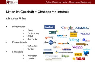 Mitten im Geschäft > Chancen via Internet
Alle suchen Online
• Privatpersonen
› Essen
› Versicherung
› Möbel
› Geschenke
• Firmenmitarbeiter
› Lieferanten
› Kunden
• Firmenchefs
› Mitarbeiter
› Kunden
Online-Marketing Heute – Chancen und Bedeutung
 