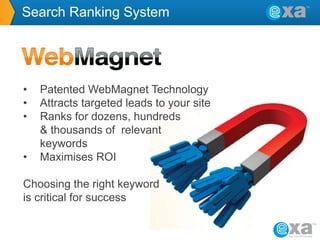Search Ranking System

•
•
•
•

Patented WebMagnet Technology
Attracts targeted leads to your site
Ranks for dozens, hundreds
& thousands of relevant
keywords
Maximises ROI

Choosing the right keyword
is critical for success

 