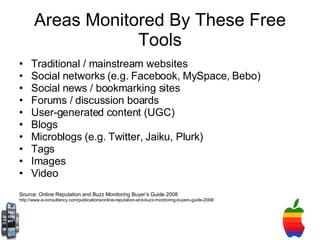 Areas Monitored By These Free Tools Traditional / mainstream websites Social networks (e.g. Facebook, MySpace, Bebo) Social news / bookmarking sites Forums / discussion boards User-generated content (UGC) Blogs Microblogs (e.g. Twitter, Jaiku, Plurk) Tags Images Video Source: Online Reputation and Buzz Monitoring Buyer’s Guide 2008 http://www.e-consultancy.com/publications/online-reputation-and-buzz-monitoring-buyers-guide-2008/ 