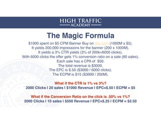 The Magic Formula
$1000 spent on $5 CPM Banner Buy on abc.com (1000M x $5).
It yields 200,000 impressions for the banner (200 x 1000M).
It yields a 3% CTR yields (3% of 200k=6000 clicks).
With 6000 clicks the offer gets 1% conversion ratio on a sale (60 sales).
Each sale has a CPA of $50.
The total revenue is $3000.
The EPC is $.50 ($3000 / 6000 clicks).
The ECPM is $15 ($3000 / 200M).
What if the CTR is 1% vs 3%?
2000 Clicks | 20 sales | $1000 Revenue | EPC=$.50 | ECPM = $5 
What if the Conversion Ratio on the click is .50% vs 1%?
2000 Clicks | 10 sales | $500 Revenue | EPC=$.25 | ECPM = $2.50
 