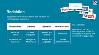 Redaktion
Social Media Redaktionen sollten sich inhaltlich an
vier Paradigma ausrichten:


                                                                         Stil & Tonalität:
  Interessantes        Zeitnahes          Proaktives    Unterhaltsames
                                                                         Abgestimmt mit der
                                                                         Markenidentität sollten Stil
     fachliche          Aktuelle          Hinweis auf
                                                          Interviews     und Tonalität im Social Web
      Themen           Ereignisse           Termine
                                                                         informell & engagiert sein.

  Blick hinter die     Dringende          Hinweis auf       „Private
      Kulissen         Meldungen           Angebote     Informationen“
 
