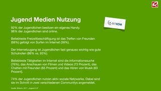 Jugend Medien Nutzung
92% der Jugendlichen besitzen ein eigenes Handy.
98% der Jugendlichen sind online.

Beliebteste Freizeitbeschäftigung ist das Treﬀen von Freunden
(68%) gefolgt von Surfen im Internet (39%).

Der Internetzugang ist Jugendlichen fast genauso wichtig wie gute
Schulnoten (86% vs. 93%).

Beliebteste Tätigkeiten im Internet sind die Informationssuche
(76%), das Anschauen von Filmen und Videos (73 Prozent), das
Chatten mit Freunden (65 Prozent) und das Hören von Musik (63
Prozent).

74% der Jugendlichen nutzen aktiv soziale Netzwerke. Dabei sind
sie im Schnitt in zwei verschiedenen Communitys angemeldet.
Quelle: Bitkom, 2011 „Jugend 2.0“
 