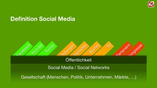 Deﬁnition Social Media



          ok         be         tt er            en              en         er   TV             nt            se
       b o         tu       i                 ng            r ift       üc
                                                                          h                   e
                                                                                                          re
                                                                                                            s
     ce
                 u        Tw               itu            ch                             rlam          ng
   a           Yo                        e            its
                                                                      B                a             o
  F                                     Z          e                                  P         K
                                                 Z
                                            Öﬀentlichkeit
                          Social Media / Social Networks

      Gesellschaft (Menschen, Politik, Unternehmen, Märkte, …)
 