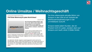 Online Umsätze / Weihnachtsgeschäft
                       Die links referenzierte aktuelle Aktion von
                       Amazon in den USA ist ein Vorbote der
                       Marktauseinandersetzungen in der
                       unmittelbaren Zukunft.

                       Amazon bietet jedem Kunden, der ein
                       Produkt nicht im Laden, sondern dann auf
                       Amazon.com kauft, einen 5 Dollar Vorteil.
 