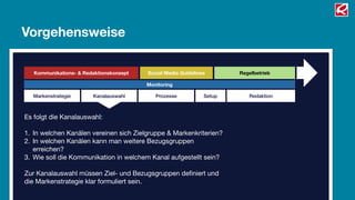 Vorgehensweise

   Kommunikations- & Redaktionskonzept   Social Media Guidelines       Regelbetrieb

                                         Monitoring

  Markenstrategie       Kanalauswahl        Prozesse           Setup      Redaktion



Es folgt die Kanalauswahl:

1. In welchen Kanälen vereinen sich Zielgruppe & Markenkriterien?
2. In welchen Kanälen kann man weitere Bezugsgruppen
   erreichen?
3. Wie soll die Kommunikation in welchem Kanal aufgestellt sein?

Zur Kanalauswahl müssen Ziel- und Bezugsgruppen deﬁniert und
die Markenstrategie klar formuliert sein.
 