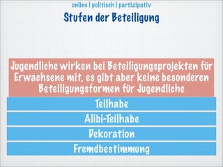 online | politisch | partizipativ

            Stufen der Beteiligung



Jugendliche wirken bei Beteiligungsprojekten für
 Er wachsene mit, es gibt aber keine besonderen
       Beteiligungsformen für Jugendliche
                      Teilhabe
                   Alibi-Teilhabe
                    Dekoration
                Fremdbestimmung
 