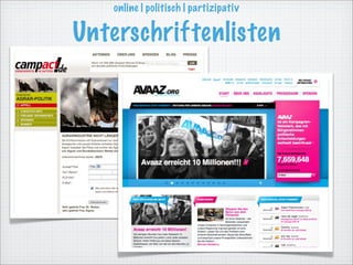 online | politisch | partizipativ

Unterschriftenlisten
 