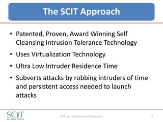 The SCIT Approach

• Patented, Proven, Award Winning Self
  Cleansing Intrusion Tolerance Technology
• Uses Virtualization Technology
• Ultra Low Intruder Residence Time
• Subverts attacks by robbing intruders of time
  and persistent access needed to launch
  attacks

                 SCIT Labs Confidential and Proprietary   15
 