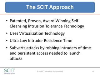 The SCIT Approach

• Patented, Proven, Award Winning Self
  Cleansing Intrusion Tolerance Technology
• Uses Virtualization...