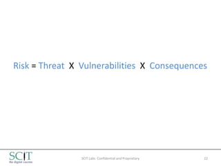 Risk = Threat X Vulnerabilities X Consequences




                SCIT Labs Confidential and Proprietary   22
 