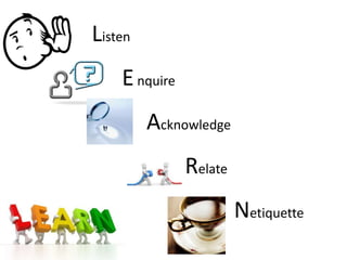 Listen
    E nquire
         Acknowledge
               Relate
                        Netiquette
 