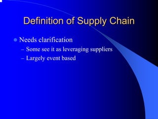 Definition of Supply Chain 
zNeeds clarification 
–Some see it as leveraging suppliers 
–Largely event based  