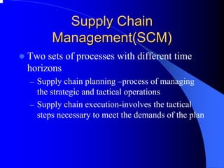 Supply Chain 
Management(SCM) 
zTwo sets of processes with different time horizons 
–Supply chain planning –process of managing the strategic and tactical operations 
–Supply chain execution-involves the tactical steps necessary to meet the demands of the plan  