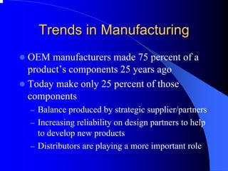 Trends in Manufacturing 
zOEM manufacturers made 75 percent of a product’s components 25 years ago 
zToday make only 25 percent of those components 
–Balance produced by strategic supplier/partners 
–Increasing reliability on design partners to help to develop new products 
–Distributors are playing a more important role  