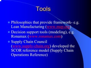 Tools 
zPhilosophies that provide framework-e.g. Lean Manufacturing (www.mep.org) 
zDecision support tools (modeling), e.g. Ronamax(www.ronamax.com) 
zSupply Chain Council 
(www.supply-chain.org)developed the 
SCOR reference model (Supply Chain 
Operations Reference)  