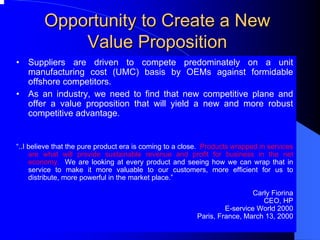Opportunity to Create a New 
Value Proposition 
•Suppliers are driven to compete predominately on a unit manufacturing cost (UMC) basis by OEMs against formidable offshore competitors. •As an industry, we need to find that new competitive plane and offer a value proposition that will yield a new and more robust competitive advantage. “..I believe that the pure product era is coming to a close. Products wrapped in services are what will provide sustainable revenue and profit for business in the net economy.We are looking at every product and seeing how we can wrap that in service to make it more valuable to our customers, more efficient for us to distribute, more powerful in the market place.” Carly FiorinaCEO, HPE-service World 2000Paris, France, March 13, 2000  