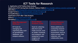 ICT Tools for Research
Data Management
Software
ICT tools for
managing and
organizing data, such
as spreadsheets,
databases, and
analysis software.
Social Media
Analysis Tools
Tools for collecting
data from social
media sources, such
as Twitter, Facebook,
and Instagram, and
analyzing it to gain
insights and
intelligence.
Virtual Research
Environments
Online platforms for
conducting research
activities in a virtual
environment, such as
online surveys, data
collection, and
collaboration tools.
1. Application of ICT before Data Analysis
Application of ICT during Data Analysis, Tableau Public (https://public.tableau.com/en-us/s/gallery)
IBM SPSS (https://www.ibm.com/analytics/spss-statistics-software)
Google Forms (https://www.google.com/forms/about/)
SurveyMonkey (https://www.surveymonkey.com/)
Application of ICT after Data Analysis
Zotero (https://www.zotero.org/)
Mendeley (https://www.mendeley.com/)
 