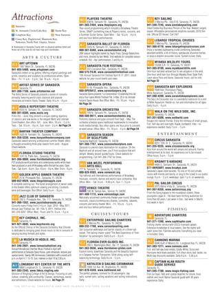 T H E O F F I C I A L S A R A S OTA A N D H E R I S L A N D S V I S I TO R S G U I D E
Attractions
Sarasota
St. Armands Circle/Lido Key
Casey Key, Englewood, Manasota Key,
Nokomis, North Port, Osprey, Venice
Longboat Key Near Sarasota
Siesta Key
* Businesses in Sarasota County with no physical address listed and
those out of the area do not have map-grid coordinates.
A RTS & C U LT U R E
C-2 ART UPTOWN
1367 Main St., Sarasota, FL 34236
941-955-5409, www.artuptown.com
Sarasota’s oldest co-op gallery, offering original paintings and
prints, ceramics and sculpture by professional artists. Open
Mon. - Fri. 11 a.m. - 5 p.m.; Sat. 10 a.m. - 4 p.m.
B-3 ARTIST SERIES OF SARASOTA
Sarasota, FL
941-388-1188, www.artistseries.net
The Artist Series of Sarasota presents a series of concerts
annually, featuring world-class classical and popular
musicians at historic Asolo Theater. Daily 10 a.m. - 4 p.m.
B-1 ASOLO REPERTORY THEATRE
5555 N. Tamiami Trl., Sarasota, FL 34243
800-361-8388, www.asolo.org
From Oct. - June, they present a unique rotating repertory
of classics and new works in the elegant Mertz and intimate
Cook theaters. Box ofﬁce: Oct. - June, Mon. 10 a.m. - 5 p.m.;
Tues. - Sat. 10 a.m. - 8 p.m.; Sun. noon - 3 p.m. Ad Page 24
B-1 BANYAN THEATER COMPANY
5555 N. Tamiami Trl., Sarasota, FL 34243
941-358-5330, www.banyantheatercompany.com
Sarasota’s award-winning professional summer theater offers
a thought-provoking three-play season from June - August.
Check website.
C-2 FLORIDA STUDIO THEATRE
1241 N. Palm Ave., Sarasota, FL 34236
941-366-9000, www.floridastudiotheatre.org
FSTproducesworldpremieresandcontemporaryworkswhichhave
beenproducedonandoff-Broadwaywithinthelastﬁveyears.Open
Tues.-Sat.9a.m.-9p.m.;Sun.10a.m.-9p.m.;Mon.9a.m.-6p.m.
C-2 GOLDEN APPLE DINNER THEATRE
25 N. Pineapple Ave., Sarasota, FL 34236
800-652-0920, www.thegoldenapple.com
A complete evening out. The tiered arrangement of swivel seats
in the theater offers optimum viewing and dining. Cocktails,
wine and beverages. Box Ofﬁce: Daily 9 a.m. - 9 p.m.
C-2 JAZZ CLUB OF SARASOTA
330 S. Pineapple Ave., Ste. 111, Sarasota, FL 34236
941-366-1552, www.jazzclubsarasota.org
Concerts every Friday from 2-4 p.m. Sept. 2010 - May 2011.
Annual Jazz Festival Jan. 30 - Feb. 5, 2011. Hotline info:
941-316-9207. Ofﬁce: Wed., Thurs. and Fri. 9 a.m. - 5 p.m.
*
KEY CHORALE, INC.
Sarasota, FL
941-921-4845, www.keychorale.org
As the Ofﬁcial Chorus of the Sarasota Orchestra, Key Chorale
is dedicated to bringing great choral music to life in concerts of
varying exciting formats and styles.
*
LA MUSICA DI ASOLO, INC.
Sarasota, FL
941-346-2601, www.lamusicafestival.org
AnnualInternationalChamberMusicFestivalinAprilwith
performancesatSarasotaOperaHouse,openrehearsals,lecturesand
specialevents.Twenty-ﬁfthAnniversaryCelebrationwithconcertsat8
p.m.onApril4,7,13-15.Sun.matineeonApril10at2:30p.m.
A-1 LONGBOAT KEY CENTER OF THE ARTS
6860 Longboat Dr. S., Sarasota, FL 34228
941-383-2345, www.lbkca.ringling.edu
Division of Ringling College of Art & Design. Focusing on arts,
culture, creativity and community. Classes, workshops, events
and exhibitions. Check website for hours. Ad Page 21
B/C-2 PLAYERS THEATRE
838 N. Tamiami Trl., Sarasota, FL 34236
941-365-2494, www.theplayers.org
Year-round programming which includes a Broadway Theatre
Series, SNAP! (something new at Players) series, concerts, and
a Summer Sizzler Series. Open Mon. - Sat. 10 a.m. - 4 p.m.
and one hour before performances.
B-1 SARASOTA BALLET OF FLORIDA
5555 N. Tamiami Trl., Sarasota, FL 34243
800-361-8388, www.sarasotaballet.org
20th season highlights ballets by Twyla Tharp, George Balanchine
and more, directed by Iain Webb. Visit website for complete season
schedule. Oct. - Apr. performances: 2 and 8 p.m.
C-2 SARASOTA FILM FESTIVAL
332 Cocoanut Ave., Sarasota, FL 34236
866-575-FILM, www.sarasotafilmfestival.com
13th Annual Sarasota Film Festival April 8-17, 2011; check
website for year-round events and news.
C-2 SARASOTA OPERA
61 N. Pineapple Ave., Sarasota, FL 34236
888-OPERA12, www.sarasotaopera.org
Sarasota Opera presents “La Cenerentola” (Cinderella) this fall
and a four-opera Winter Festival Feb. 5-Mar. 20 in its intimate
historic Opera House. Box Ofﬁce: Mon. - Fri. 10 a.m. - 4 p.m.
Ad Page 24
B/C-2 SARASOTA ORCHESTRA
709 N. Tamiami Trl., Sarasota, FL 34236
866-508-0611, www.sarasotaorchestra.org
Performs classical and pops concerts from Sept. - May. The
orchestra schedule spans traditional masterworks to innovative
multi-media formats. Box ofﬁce opens one hour prior to concerts
at event venue. Ofﬁce: Mon. - Fri. 10 a.m. - 4 p.m. Ad Page 24
*
SARASOTA SEASON
OF SCULPTURE
Sarasota Bayfront, Sarasota, FL 34236
941-366-7767, www.seasonofsculpture.com
Sarasota is a world-class destination for sculpture. On the
Bayfront and all around town, you’ll ﬁnd sculpture that will
delight. Weekly docent-guided tours. Check website for
programming. Call 941-366-7767 for times.
B/C-2 VAN WEZEL PERFORMING
ARTS HALL
777 N. Tamiami Trl., Sarasota, FL 34236
800-826-9303, www.vanwezel.org
Top national and international performances of Broadway
musicals, concerts, dances and world-class orchestras. Box
Ofﬁce: Mon. - Sat. 9 a.m. - 4:30 p.m.; Sun. 1 - 5 p.m.
D-7 VENICE THEATRE
140 W. Tampa Ave., Venice, FL 34285
941-488-1115, www.venicestage.com
Nationally acclaimed community theater year-round. Broadway
musicals, classic/contemporary dramas, comedies, cabarets,
concerts and family theater. Mon. - Fri. 10 a.m. - 5 p.m.
and one hour before performance.
C RU I S E S / TOU R S
C-3 ENTERPRISE SAILING CHARTERS
2 Marina Plz., Sarasota, FL 34236
888-232-7768, www.sarasotasailing.com
Sail turquoise waterways and barrier islands on a three-sail
vessel. The sailing charter voted "The Best Experience of Their
Vacation" by passengers. Daily 8 a.m. - 8 p.m.
C-2 FLORIDA EVER-GLIDES INC.
200 S. Washington Blvd., Ste. 11, Sarasota, FL 34236
941-363-9556, www.floridaever-glides.com
Explore scenic downtown Sarasota and the beautiful bayfront
on a Segway Human Transporter. Glide along using self-
balancing technology. Daily 8 a.m. - 5 p.m.
*
KATHLEEN D SAILING CATAMARAN
1000 1st Ave. W., Bradenton, FL 34205
941-870-4349, www.kathleend.net
The perfect getaway, licensed for 20 passengers, day
sails, sunset sails, sailing vacations and sailing instructions.
Daily
C-3 KEY SAILING
2 Marina Plz., Slip E18, Sarasota, FL 34236
941-346-7245, www.siestakeysailing.com
Voted Siesta Key Business Person of the Year. Newest, largest
vessel. Affordable-personalized-dolphins-sunsets. 2010 ﬁlm
site. Ofﬁcial ED Vessel. Call 24/7.
C-3 LEBARGE TROPICAL CRUISES
2 Marina Plz., Sarasota, FL 34236
941-366-6116, www.lebargetropicalcruises.com
Enjoy a narrated sightseeing cruise combining Sarasota’s
abundant wildlife, a bit of history, spectacular shoreline homes,
or enjoy a dolphin encounter cruise. Sunset cruises. Daily
F-4 MYAKKA WILDLIFE TOURS
13208 S.R. 72, Sarasota, FL 34241
941-365-0100, www.myakkawildlife.com
One-hour narrated airboat tour to see alligators in the wild.
One-hour land tram tour through Myakka River State Park.
Learn about ﬂora and fauna. Seasonal hours; call for info.
Ad Page 22
B-2/3 SARASOTA BAY EXPLORERS
1600 Ken Thompson Pkwy.,
Mote Aquarium, Sarasota, FL 34236
941-388-4200, www.sarasotabayexplorers.com
The Sea Life Encounter tour is a wonderful extension to a visit
at Mote Aquarium. Hands-on, fun and informative for all ages.
Daily 9 a.m. - 5 p.m.
*
WALK ON THE WILD SIDE, INC.
Sarasota, FL 34236
941-351-6500, www.walkwild.com
Escape into natural Florida. Enjoy the intimacy of small groups.
Full, half-day and overnight. Kayak, birdwatch, hike - no
experience needed. Daily 7 a.m. - 7 p.m.
E NT E RTA I N M E NT
B/C-1 CIRCUS SARASOTA
8251 15th St. E., Sarasota, FL 34243
941-355-9335, www.circussarasota.org
Acts from around the world will amaze and astound. Family
entertainment at its best. An experience not to be missed.
Ofﬁce hours: 9 a.m. - 5 p.m.
C-4 KROAKY’S KARAOKE
4400 S. Tamiami Trl., Sarasota, FL 34231
877-4KROAKY, www.kroakys.com
Sarasota's Japan-style karaoke. Try one of 10 cool private
rooms with friends and family, or sing to the crowd in our public
lounge. 6 p.m. - 2 a.m. weekdays; open 1 p.m. on weekends.
C-3 PAL SAILOR CIRCUS
2075 Bahia Vista St., Sarasota, FL 34239
941-361-6350, www.sailorcircus.org
From the ﬂying trapeze to the roustabout clowns, these
youngsters (ages 8 - 18) have been thrilling audiences for
more than 60 years. Last week in Dec.; last week in March;
ﬁrst week in April.
F I S H I NG
*
ADVENTURE CHARTERS
Sarasota, FL
941-371-1390, www.captklopfer.com
Fishing charter service with USCG-licensed captain.
Extensive knowledge of local waters. See the sights and
catch some ﬁsh. Families welcome. Everything you need
is included. Daily
A-2 CANNONS MARINA
6040 Gulf of Mexico Dr., Longboat Key, FL 34228
941-383-1311, www.cannons.com
Full- and half-day boat rentals, Grady-White, Scout and
Hurricane deck boats available. Full ship’s store, bait, tackle, ice.
Multi-day discounts available. Daily 8 a.m. - 5:30 p.m.
*
CAPTAIN ALAN ROUTH
GUIDE SERVICE
Sarasota, FL
941-345-7788, www.magic-fishing.com
Fish our bays, ﬂats and coastal beaches for snook, trout,
redﬁsh and more! Native Sarasota guide with 30 years
experience. Daily
 