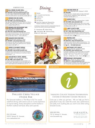www.sarasotafl.org 29T H E O F F I C I A L S A R A S OTA A N D H E R I S L A N D S V I S I TO R S G U I D E
Dining
m u
ሣ w
* Businesses in Sarasota County with no physical address listed and
those out of the area do not have map-grid coordinates.
A M E R I C A N
B-4 BLU SMOKE ISLAND GRILL
149 Avenida Messina, Sarasota, FL 34242
941-346-0738, www.blusmokeislandgrill.com
Live music nightly, cocktails and unique appetizers, BBQ,
seafood and grilled specials. Pig roast every Sunday. muL, D
D-4 BROKEN EGG ON CLARK
4031 Clark Rd., Sarasota, FL 34233
941-922-2868, www.thebrokenegg.com
Open daily for breakfast and lunch from 7:30 a.m. to 2:30 p.m.,
with WiFi, bakery, gift shop, and catering. Also on Siesta Key
and in Lakewood Ranch. u B, Br, L
B-4 BROKEN EGG RESTAURANT AND
GALLERY OF SIESTA KEY
140 Avenida Messina, Sarasota, FL 34242
941-346-2750, www.thebrokenegg.com
Where locals and celebrities eat. Fresh food, beer and wine,
indoor/outdoor dining, art gallery, order online, take-out,
catering. Open daily 7:30 a.m. - 2:30 p.m. u B, Br, L
B-4 DAIQUIRI DECK RAW BAR
5250 Ocean Blvd. Sarasota, FL 34242
941-349-8697, www.daiquirideck.com
Catch some sun, then catch a cool daiquiri at the coolest hot
spot in Sarasota. Oysters, fresh seafood and more. Sarasota’s
favorite place to meet. mu L, D
C-2 DEREK’S CULINARY CASUAL
514 Central Ave., Sarasota, FL 34236
941-366-6565, www.dereks-sarasota.com
A restaurant that is upscale casual and serving contemporary
progressive cuisine “to introduce you to new ﬂavors, textures
and techniques.” L, D
C-2 H2O BISTRO @ HOTEL INDIGO
1223 Blvd. of the Arts, Sarasota, FL 34236
941-487-3800, www.srqhotel.com
An intimate, casual dining experience serving breakfast, lunch
and dinner daily. Where guests can enjoy their favorite beer and
wine in casual elegance and comfortable luxury. mB, Br, L, D
C-2 HOB NOB DRIVE-IN
1701 N. Washington Blvd., Sarasota, FL 34234
941-955-5001
Original ‘50s drive-in. Outside seating, hot dogs, hamburgers
and daily specials. Celebrating 51 years. Now serving
handmade milkshakes. u B, L, D
D-1 JASON’S DELI
5231 University Pkwy., University Park, FL 34201
941-351-5999, www.jasonsdeli.com
Overstuffed sandwiches, salad bar, kids' menu, free ice cream
for dine in. We cater and deliver everything on our menu. Order
online@jasonsdeli.com. u L, D
C-3 LIBBY’S CAFÉ & BAR
1917 S. Osprey Ave., Sarasota, FL 34239
941-487-7300, www.libbyscafebar.com
Voted as area’s Best New Restaurant in 2009 and Best Service
in 2010. Features fresh-from-market cuisine and a varied menu
of small plate options. uሣ Br, L, D
C-3 MARINA JACK
2 Marina Plz., Sarasota, FL 34236
941-365-4232, www.marinajacks.com
A waterfront location offering “superior food and service.” Fine
dining, outdoor patio, piano bar and lounge and banquet room.
muሣ wL, D Ad inside back cover
C-2 MATTISON’S CITY GRILLE
One N. Lemon Ave., Sarasota, FL 34236
941-330-0440, www.mattisons.com
In the heart of downtown, a local favorite known for its friendly
atmosphere, award-winning menu, great live music and full
bar. Mon. - Thu. 11 a.m. - 11 p.m.; Fri. 11 a.m. - midnight;
Sat. 9 a.m. - midnight; Sun. 11 a.m. - 10 p.m.. muሣ Br, L, D
D-7 MORGAN’S RESTAURANT
1660 S. Tamiami Trl., Osprey, FL 34229
941-966-2121, www.bentleysresort.com
Exquisite dining and remarkable cuisine, deliciously created by their
chef. Tiki Bar offers casual dining under the stars. muB, L, D
SARASOTA
This Sarasota tradition is “The Place to Go” for casual,
waterfront dining, both indoors and out. Come experience
its tropical setting, family atmosphere and the freshest in
Northern seafood and local, daily catch specials.
(941) 925-4444
5353 S. Tamiami Trl., Sarasota
www.creekseafood.com
Phillippi Creek Village
Oyster Bar
SARASOTA
Come see us when you get here. We can help you ﬁnd a
great place to stay, eat, watch the sunset, see a performance
and pretty much anything else you want to do while visiting
Sarasota County.
(800) 800-3906
701 N. Tamiami Tr., Sarasota
www.SarasotaFL.org
Sarasota County Visitor Information
Center & History Center Museum
 