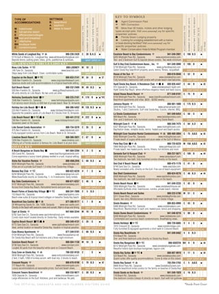 T H E O F F I C I A L S A R A S OTA A N D H E R I S L A N D S V I S I TO R S G U I D E
hotel/motel
full-service resort
efﬁciencies/cottages
bed and breakfast
villa/home
boutique hotel
condominiums
beachfront
bayfront
steps to beach
KEY TO SYMBOLS
s Agent Commission Paid
3 WiFi Connection
d More than 30 hotels, motels and other lodging
types accept pets. Visit for speciﬁc
properties’ policies.
O Florida Green Lodging property
౺ Looking for a lodging establishment with a marina
or boat-docking facilities? Visit for
speciﬁc properties' policies.
o Water Conservation Hotel & Motel Program member
ACCOMMODATIONTYPE
NUMBEROFROOMSORUNITS
BEACH/BAY/STEPSTOBEACH
RESTAURANTONSITE
POOL
ADPAGE
ACCOMMODATIONTYPE
NUMBEROFROOMSORUNITS
BEACH/BAY/STEPSTOBEACH
RESTAURANTONSITE
POOL
ADPAGE
*Inside Front Cover
White Sands of Longboat Key 3౺ 800-230-2428 C 30 B,A,S c
5114 Gulf of Mexico Dr., Longboat Key www.whitesandsoﬂongboat.com
Bayside tennis, putting green, bikes, grills, paddle/row & sailboats. MAP GRID A-1
Beau Lido Suites 3d 888-LIDOKEY M 10 S
149 Tyler Dr., Sarasota www.beaulido.com
Steps away from Lido Beach. Clean, comfortable suites. MAP GRID B-3
Coquina on the Beach s3d 800-833-2141 M 34 B c 37
1008 Ben Franklin Dr., Sarasota www.coquinaonthebeach.com
Spacious studio and suite accommodations in a tropical beachside setting. MAP GRID B-3
Gulf Beach Resort 3 800-232-2489 M 49 B,S c
930 Ben Franklin Dr., Sarasota www.gulfbeachsarasota.com
49 units directly on Lido Beach. No two units are alike. MAP GRID B-3
Helmsley Sandcastle Hotel s3 800-225-2181 R 179 B c c *IFC
1540 Ben Franklin Dr., Sarasota www.helmsleysandcastle.com
Full-service resort directly on 600 feet of private beach. Near St. Armands. MAP GRID B-3
Holiday Inn Lido Beach s3Oo 866-306-5452 M 135 B,S c c
233 Ben Franklin Dr., Sarasota www.lidobeachholidayinn.com
Opposite the powdery sands of Lido Beach & 2 blocks from St. Armands. MAP GRID B-3
Lido Beach Resort s3dOo 800-441-2113 R 222 B c c
700 Ben Franklin Dr., Sarasota www.lidobeachresort.com
Sarasota’s jewel on the beach. MAP GRID B-3
Lido Dorset Condo Association 3 800-734-3370 C 35 S c
475 Ben Franklin Dr., Sarasota www.lidodorset.com
Fully equipped condos across from Lido Beach. Walk to St. Armands. MAP GRID B-3
Limetree Beach Resort 3 888-388-3921 C 67 B c
1050 Ben Franklin Dr., Sarasota www.limetree.com
Offering all a Florida vacation is famous for, Lido Beach is at your door. MAP GRID B-3
A Beach Bungalow on Siesta Key s 941-504-2204 V 2 S c
303 Canal Rd., Sarasota www.beachbungalowsiesta.com
Come experience a luxury island getaway nestled in a lush, tropical setting. MAP GRID C-4
Aloha Kai Vacation Rentals 3 888-49ALOHA C 68 B,S c
6020 Midnight Pass Rd., Sarasota www.alohakai.net
Villas are on a private Gulf beach 1.5 miles from Siesta Key Village. MAP GRID C-4
Banana Bay Club 3d 888-622-6229 V 7 S c
8254 Midnight Pass Rd., Sarasota www.bananabayclub.com
Water/beachside resorts on Siesta Key. 1- to 4-bedrooms. Daily rentals. MAP GRID C-4
Bay Oaks Condominiums 3 800-671-6257 C 46 S c
6157 Midnight Pass Rd., Sarasota www.bayoaksonsiestakey.com
Across from Siesta Key Beach. Remodeled tennis and pool area. MAP GRID C-4
Beach Palms of Siesta Key Village s3d 888-241-7009 E 5 B,S
153 Beach Rd., Sarasota www.beachpalms.com
Beach-view suites & tropical island cottages on beautiful Siesta Key beach. MAP GRID B-4
Beachfront Sea Castles s3౺ 877-306-9177 C 7 B c
20 Whispering Sands Dr., Ste. 1006, Sarasota www.sea-castle.com
Directlyonthebeachwithawesomeviewsandsunsets.Walktoshopsanddining. MAP GRID C-4
Capri at Siesta 3 941-684-3244 M 10 B c
6782 Sara Sea Cir., Sarasota www.capriinternational.com
Condo-style resort located directly on Siesta Key. Daily rentals available. MAP GRID C-4
Captiva Beach Resort sdOo 800-349-4131 C 20 S c
6772 Sara Sea Cir., Sarasota www.captivabeachresort.com
Ideal, central location on beautiful Siesta Key. Vacation in tropical paradise. MAP GRID C-4
Casa Blanca Apartments 3 877-349-5101 C 88 B,S c
6154 Midnight Pass Rd., Sarasota www.thecasablanca.net
On Siesta Key Beach with full kitchens and a three-night minimum. MAP GRID C-4
Conclare Beach Resort 3 800-584-1138 M 18 S c
6738 Sara Sea Cir., Sarasota www.conclare.com
Located 30 yards from the beautiful white sand on Crescent Beach. MAP GRID C-4
Cozy Cove on Siesta Key 3౺ 708-332-9133 C S c
9034 Midnight Pass Rd., Sarasota www.rentcondosiestakey.com
2 bed, 2 bath, 1200 sf turnkey accom. with boat slip. 2 blocks to beach. MAP GRID C-5
Crescent Royale 3 800-870-9199 C 70 B,S c 42
777 Beach Rd., Sarasota www.crescentroyale.com
Luxury accommodations at reasonable prices. Gulf and beach views. MAP GRID B-4
Crescent Towers Beachfront 3 888-233-9877 C 30 B,S c
1035 Seaside Dr., Sarasota www.crescenttowers.com
Large efﬁciencies on the Gulf. Kitchens, pool and barbecue. No pets. MAP GRID C-4
Excelsior Beach to Bay Condominiums 3 941-349-2001 C 166 B,S c
6263 Midnight Pass Rd., Sarasota www.excelsiorcondos.com
Two- and 3-bedroom Gulf & bayside deluxe condos. Two-week minimum. MAP GRID C-4
Gulf & Bay Club Condominium Assoc., Inc. 3 941-349-3000 C 105 B c
5730 Midnight Pass Rd., Sarasota www.gulfandbayclub.com
Gated Siesta Key beachfront property, pools, tennis, ﬁtness, racquetball. MAP GRID C-4
House of the Sun 3 800-618-6948 C 52 B c
6518 Midnight Pass Rd., Sarasota www.siestakeyhos.com
Fully furnished 2-bedroom/2-bath condos with private beach-view balconies. MAP GRID C-4
Hyatt Siesta Key Beach, A Residence Club 3Oo 800-926-4447 C 44 B c 43
915 Seaside Dr., Sarasota www.siestakeybeach.hyatt.com
Hyatt Siesta Key Beach, where effortless elegance meets laid-back luxury. MAP GRID C-4
Island House Beach Resort 3 877-349-6101 C 75 B c
6150 Midnight Pass Rd., Sarasota www.islandhousebeachresort.com
Beachfront apartments and villas. $835 - $2002 weekly. MAP GRID C-4
Jamaica Royale 3 888-981-1800 C 175 B,S c
5830 Midnight Pass Rd., Sarasota www.jamaicaroyale.com
Studios, 1 and 2 bedrooms. Gulf-side Siesta Key, 3 pools, Internet, BBQ. MAP GRID C-4
La Siesta Condominium 3 941-349-6454 C 50 S c
909 Beach Rd., Sarasota www.lasiestacondos.com
One- and 2-bedroom, fully furnished condos facing Siesta Beach. MAP GRID B-4
Midnight Cove II 3o 888-349-7475 C 64 A,S c
6327 Midnight Pass Rd., Sarasota www.midnightcoveii.com
Bay/harbor views, rentable docks, tennis, heated pool and beach access. MAP GRID C-4
Midnight Cove Vacation Rental Condominiums 3౺ 800-469-3004 C 75 A,B,S c 43
6302 Midnight Cove Rd., Sarasota www.midnightcove.com
Private beach of sugary white sand and azure water of the Gulf of Mexico. MAP GRID C-4
Palm Bay Club s3౺ 800-725-6229 M 150 A,B,S c 43
5960 Midnight Pass Rd., Sarasota www.palmbayclub.com
Private beach, two heated pools, tennis, ﬁtness, full kitchens and more. MAP GRID C-4
Sarasota Surf & Racquet Club 3 800-237-5671 C 189 B c 44
5900 Midnight Pass Rd., Sarasota www.sarasotasurf.com
Two-bedroom, two-bath, fully furnished condos directly on the beach. MAP GRID C-4
Sea Club V Beach Resort s 800-475-1176 C 41 B c
6744 Sara Sea Cir., Sarasota www.seaclubv.com
Newly renovated units, directly on the Gulf. Free use of beach equipment. MAP GRID C-4
Sea Shell Condominium 800-624-9276 C 48 B,S c 44
6500 Midnight Pass Rd., Sarasota www.seashellcondos.com
Two-bedroom, two-bath furnished condominiums on the beach. MAP GRID C-4
Siesta Beach House s3 941-349-2233 E 42 B c
5950 Midnight Pass Rd., Sarasota www.siestabeachhouse.net
Affordable Gulfside villas, townhouses, condos, private beach, internet. MAP GRID C-4
Siesta Beach Resort and Suites 800-223-5786 M 51 S c
5311 Ocean Blvd., Sarasota www.siestakeyﬂorida.com
Quaint, two-story Mediterranean landmark hotel in Siesta Village. MAP GRID B-4
Siesta Breakers 3 800-853-0999 C 43 B c
6480 Midnight Pass Rd., Sarasota www.siestabreakers.com
Beachfront. Washer/dryer in each unit, heated pool, tennis and shopping. MAP GRID C-4
Siesta Dunes Beach Condominiums 3 941-346-0210 C 80 B c
6200 Midnight Pass Rd., Sarasota www.siestadunes.com
Comfortable and luxurious beach condominiums. Breathtaking views. MAP GRID C-4
Siesta Holidays s3d 800-720-6885 V 4 S c
1015 Crescent St., Sarasota www.siestaholidays.com
Fully furnished & equipped apartments a short walk to Crescent Beach. MAP GRID C-4
Siesta Key Beachfronts 3 941-349-8462 V 8 B,S
610 Beach Rd., Sarasota
One- and three-bedroom units directly on Siesta Key Beach. MAP GRID B-4
Siesta Key Bungalows s3d 888-5SIESTA BH 9 B c 44
8212 Midnight Pass Rd., Sarasota www.siestakeybungalows.com
Beautiful Island-style boutique bungalows, lagoon-side. MAP GRID C-4
Siesta Key Suites s3do 888-897-9919 E 17 S c 44
523 Beach Rd., Sarasota www.siestakeysuites.com
Quaint suites offer quality accommodations. Come & relax on this island. MAP GRID B-4
Siesta Key Sunset 3౺ 703-204-2763 C 5 A,B,S c
8900 Blind Pass Rd., Sarasota www.SiestaKeySunset.com
Favorite beachfront rental condos for the family on beaches of Siesta Key! MAP GRID C-5
Siesta Sands on the Beach 3 941-349-1929 C 16 B,S
118 Beach Rd., Sarasota www.siestasands.com
One-bedroom condos (sleeps 4) directly on beach. Each with full gulfview. MAP GRID B-4
 