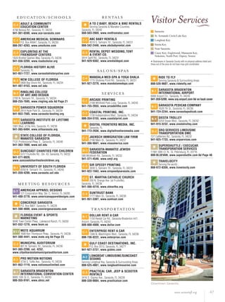 www.sarasotafl.org 47
Visitor Services
* Businesses in Sarasota County with no physical address listed and
those out of the area do not have map-grid coordinates.
E D UC AT I O N / S C H O O L S
C-3 ADULT & COMMUNITY
EDUCATION CENTER
4748 Beneva Rd., Sarasota, FL 34233
941-361-6590, www.ace-sarasota.com
C-2 AMERICAN MEDICAL SEMINARS
P.O. Box 49947, Sarasota, FL 34230
866-267-4263, www.ams4cme.com
C-3 EXPLORITAS AT THE
FRIENDSHIP CENTERS
1820 Brother Geenen Way, Sarasota, FL 34236
941-556-3269, www.roadscholar.org
C-3 FLORIDA HISTORY ALIVE
Sarasota, FL
941-951-7727, www.sarasotahistoryalive.com
B-2 NEW COLLEGE OF FLORIDA
5800 Bay Shore Rd., Sarasota, FL 34234
941-487-4153, www.ncf.edu
B-2 RINGLING COLLEGE
OF ART AND DESIGN
2700 N. Tamiami Trl., Sarasota, FL 34234
800-255-7695, www.ringling.edu Ad Page 21
B-3 SARASOTA POWER SQUADRON
2814 Hyde Park St., Sarasota, FL 34239
941-953-7565, www.sarasota-boating.org
B/C-2 SARASOTA INSTITUTE OF LIFETIME
LEARNING
1001 Blvd. of the Arts, Sarasota, FL 34236
941-365-6404, www.sillsarasota.org
*
STATE COLLEGE OF FLORIDA,
MANATEE-SARASOTA
7131 Professional Pkwy. E., Sarasota, FL 34240
941-363-7000, www.scf.edu
D-2 SUNCOAST CHARITIES FOR CHILDREN
5317 Fruitville Rd., Ste. 43, Sarasota, FL 34232
941-371-8820,
www.suncoastcharitiesforchildren.org
B-1 UNIVERSITY OF SOUTH FLORIDA
8350 N. Tamiami Trl., Sarasota, FL 34243
941-359-4200, www.sarasota.usf.edu
M E E T I NG R E S OU R C E S
E-7 AMERICAN APPAREL DESIGNS
121 Corporation Way, Ste. C, Venice, FL 34285
941-488-3770, www.americanappareldesigns.com
*
CONCIERGE SARASOTA
P.O. Box 8807, Sarasota, FL 34228
941-388-4608, www.conciergesarasota.com
*
FLORIDA EVENT & SPORTS
MARKETING
9040 Town Center Pkwy., Lakewood Ranch, FL 34202
941-552-1270, www.fesm.us
B/2-3 MOTE AQUARIUM
1600 Ken Thompson Pkwy., Sarasota, FL 34236
941-388-4441, www.mote.org Ad Page 23
C-2 MUNICIPAL AUDITORIUM
801 N. Tamiami Trl., Sarasota, FL 34236
941-365-2200, ext. 4252,
www.cityofsarasotamunicipalauditorium.com
E-3 PRO MOTION NOTIONS
3739 S. Tuttle Ave., Sarasota, FL 34239
941-952-1119, www.notionsunlimited.com
B-1 SARASOTA BRADENTON
INTERNATIONAL CONVENTION CENTER
8005 15th St. E., Sarasota, FL 34243
800-355-9161, www.sbicc.net
R E NTA L S
*
A TO Z BABY, BEACH & BIKE RENTALS
Serving Sarasota & Manatee Counties.
Sarasota, FL 34242
888-503-2869, www.rentfromatoz.com
C-3 ABC BABY RENTALS
4519 S. Tamiami Trl., Sarasota, FL 34231
866-342-2446, www.abcbabyrental.com
C-3 RENTAL DEPOT WEDDING,TENT
& EVENT CO.
3914 Swift Rd., Sarasota, FL 34231
941-929-9382, www.arentaldepot.com
S A L O N S / S PA S
C-4 MANDALA MED-SPA & YOGA SHALA
1715 Stickney Point Rd., Sarasota, FL 34231
941-927-2278, www.mandalamedspa.com
S E RV I C E S
C-1 ARCADE PRINTING
2108 Whitfield Park Loop, Sarasota, FL 34243
941-755-2655, www.arcadelitho.com
C-2 COASTAL PRINTING, INC.
1730 Independence Blvd., Sarasota, FL 34234
800-354-5155, www.coastalprint.com
*
DIGITAL FRONTIERS MEDIA, INC.
Sarasota, FL
941-773-2036, www.digitalfrontiersmedia.com
C-2 JAENSCH IMMIGRATION LAW FIRM
2198 Main St., Sarasota, FL 34237
941-366-9841, www.visaamerica.com
D-3 SARASOTA-MANATEE JEWISH
FEDERATION
580 McIntosh Rd., Sarasota, FL 34232
941-371-4546, www.smjf.org
C-3 SIR SPEEDY PRINTING
3939 S. Tamiami Trl., Sarasota, FL 34231
941-922-1563, www.sirspeedysarasota.com
C-2 ST. MARTHA CATHOLIC CHURCH
200 N. Orange Ave. (at Fruitville),
Sarasota, FL 34236
941-366-4210, www.stmartha.org
C-2 SUNTRUST BANK
1777 Main St., Sarasota, FL 34236
941-951-3307, www.suntrust.com
T R A N S P O RTAT I O N
B-1 DOLLAR RENT A CAR
1150 Rental Car Rd., Sarasota-Bradenton Int’l.
Airport, Sarasota, FL 34243
800-800-4000, www.dollar.com
C-1 ENTERPRISE RENT A CAR
1306 N. Washington Blvd., Sarasota, FL 34236
800-736-8222, www.enterprise.com
*
GULF COAST DESTINATIONS, INC.
P.O. Box 5513, Sarasota, FL 34277
941-927-3737, www.gcdmc.com
A-2 LONGBOAT LIMOUSINE/SUNCOAST
SEDANS
Serving Longboat Key, Sarasota & Surrounding Areas
800-525-4661, www.longboatlimousine.com
C-3 PRACTICAL CAR, JEEP & SCOOTER
RENTALS
3416 S. Osprey Ave., Sarasota, FL 34239
800-338-0084, www.practicalcar.com
*
RIDE TO FLY
Serving Sarasota & Surrounding Areas
888-526-9607, www.ridetofly.net
B-1 SARASOTA BRADENTON
INTERNATIONAL AIRPORT
6000 Airport Cir., Sarasota, FL 34243
941-359-5200, www.srq-airport.com Ad on back cover
B-2 SARASOTA PEDICAB COMPANY
1628 7th St., Sarasota, FL 34236
941-724-2244, www.sarasotapedicab.com
B-4 SIESTA TROLLEY
5254 Ocean Blvd., Sarasota, FL 34242
941-915-3232, www.siestatrolley.com
D-3 SRQ SERVICES LIMOUSINE
TRANSPORTATION DMC
727 Cattlemen Rd., Sarasota, FL 34232
941-925-7733, www.srqservices.com
*
SUPERSHUTTLE / EXECUCAR
TRANSPORATION SERVICES
11901 30th Ct. N., St. Petersburg, FL 33716
800-BLUEVAN, www.supershuttle.com Ad Page 46
*
TRAVELOCITY
Serving the world...
888-872-8356, www.travelocity.com
Downtown Sarasota
 