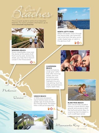 Nokomis
Venice
Manasota Key
BeachesOur
www.sarasotafl.org 3
NORTH JETTY PARK
Watch the boats zoom through
the Venice Inlet, see ﬁshermen
cast a line from the jetty, picnic
under shade trees, or swim in
the glorious Gulf.
NOKOMIS BEACH
Scenic boardwalks cross over
the dunes at this pretty Gulf-
front county park. Across the
street, you may ﬁsh or launch
a boat in the Intracoastal.
VENICE BEACH
A 1950s-era concession
stand harkens back to the
golden age of postcard per-
fect Florida travel. The beach
here is still just as beautiful.
CASPERSEN
BEACH
Dune formations,
small sand “cliffs”
that offer morning
shade, and rock
formations with
good snorkeling
highlight this pris-
tine setting. Hunt for
shells and prehistoric
sharks teeth here.
BLIND PASS BEACH
With nature trails, excellent
ﬁshing, a canoe launch, play-
ground, and access to both
the Gulf and Lemon Bay, it’s
surprising that this beach is
such a well-kept secret.
This is a quick guide to some of our beautiful
beaches. For more complete information, go to
www.sarasotaﬂ.org/beaches
 