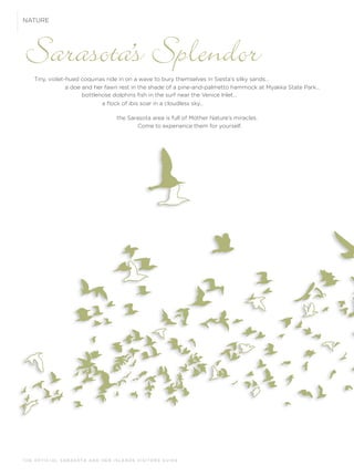 T H E O F F I C I A L S A R A S OTA A N D H E R I S L A N D S V I S I TO R S G U I D E
NATURE
Sarasotas Splendor
Tiny, violet-hued coquinas ride in on a wave to bury themselves in Siesta’s silky sands…
a doe and her fawn rest in the shade of a pine-and-palmetto hammock at Myakka State Park…
bottlenose dolphins ﬁsh in the surf near the Venice Inlet…
a ﬂock of ibis soar in a cloudless sky…
the Sarasota area is full of Mother Nature’s miracles.
Come to experience them for yourself.
 