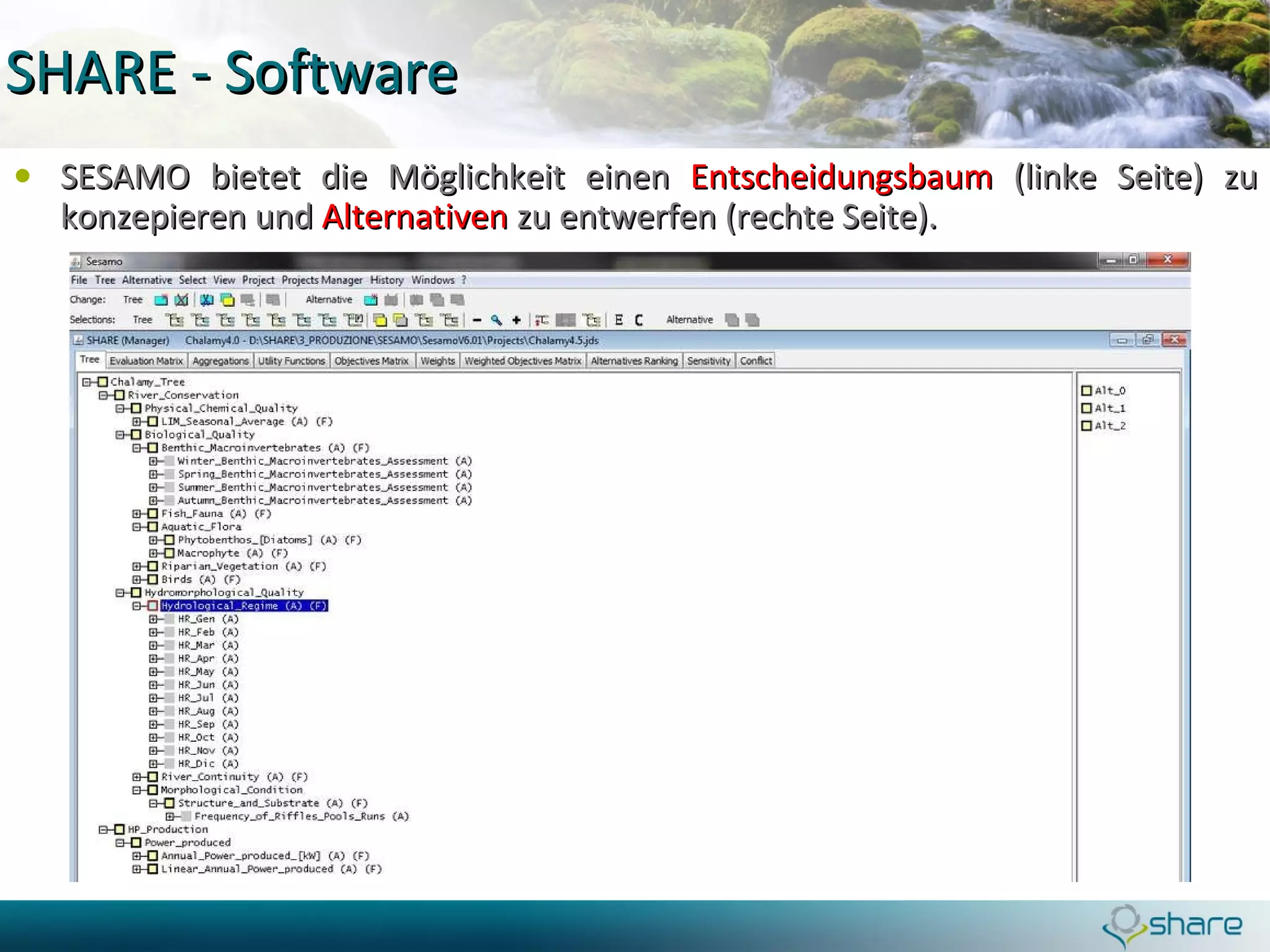 SHARE - Software SESAMO bietet die Möglichkeit einen  Entscheidungsbaum  (linke Seite) zu konzepieren und  Alternativen  zu entwerfen (rechte Seite).  