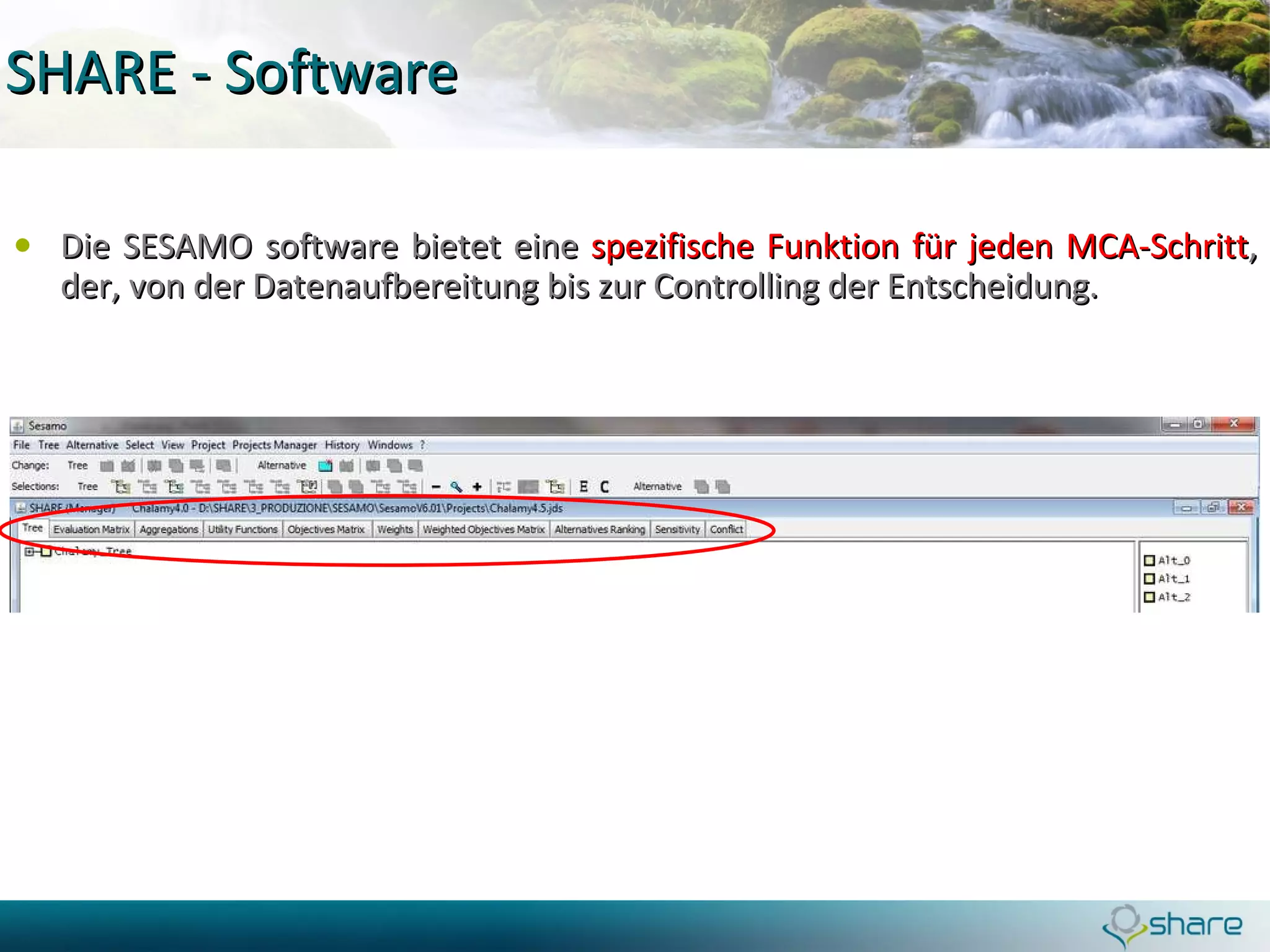 SHARE - Software Die SESAMO software bietet eine  spezifische Funktion für jeden MCA-Schritt , der, von der Datenaufbereitung bis zur Controlling der Entscheidung. 