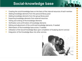 Social-knowledge base Creating the social knowledge base on the basis of the internal resources of each member Adding knowledge elements from the personal library pool Adding knowledge elements from the group library pool Importing knowledge elements from external resources Voting and ranking of the knowledge elements Verification and confirmation of knowledge elements Editing and adjustment of the confirmed knowledge elements, if needed Delimitation of the knowledge base access, if needed Utilization of the Social Knowledge Base upon completion of studying (alumni service) Integration of the Knowledge Base into other services 