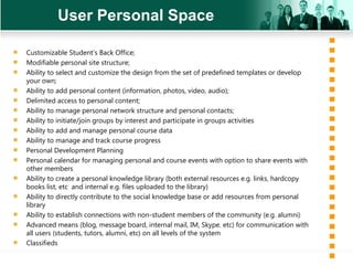 User Personal Space Customizable Student’s Back Office; Modifiable personal site structure; Ability to select and customize the design from the set of predefined templates or develop your own; Ability to add personal content (information, photos, video, audio); Delimited access to personal content; Ability to manage personal network structure and personal contacts; Ability to initiate/join groups by interest and participate in groups activities Ability to add and manage personal course data  Ability to manage and track course progress Personal Development Planning  Personal calendar for managing personal and course events with option to share events with other members Ability to create a personal knowledge library (both external resources e.g. links, hardcopy books list, etc  and internal e.g. files uploaded to the library) Ability to directly contribute to the social knowledge base or add resources from personal library Ability to establish connections with non-student members of the community (e.g. alumni) Advanced means (blog, message board, internal mail, IM, Skype. etc) for communication with all users (students, tutors, alumni, etc) on all levels of the system  Classifieds 