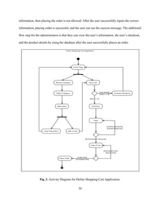 30
information, then placing the order is not allowed. After the user successfully inputs the correct
information, placing order is successful, and the user can see the success message. The additional
flow step for the administrators is that they can view the user’s information, the user’s checkout,
and the product details by using the database after the user successfully places an order.
Fig. 3. Activity Diagram for Online Shopping-Cart Application.
 