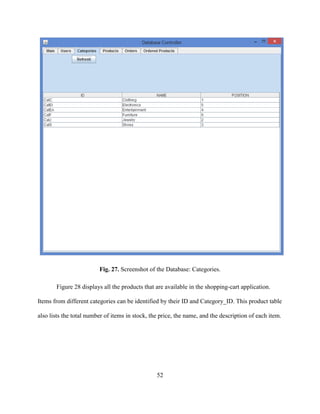 52
Fig. 27. Screenshot of the Database: Categories.
Figure 28 displays all the products that are available in the shopping-cart application.
Items from different categories can be identified by their ID and Category_ID. This product table
also lists the total number of items in stock, the price, the name, and the description of each item.
 