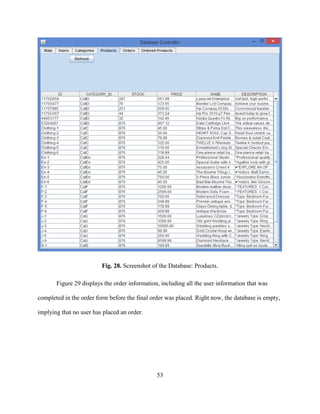 53
Fig. 28. Screenshot of the Database: Products.
Figure 29 displays the order information, including all the user information that was
completed in the order form before the final order was placed. Right now, the database is empty,
implying that no user has placed an order.
 