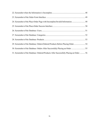 ix
22. Screenshot when the Information is Incomplete.................................................................... 48
23. Screenshot of the Order-Form Interface. ............................................................................... 49
24. Screenshot of the Place-Order Page with Incomplete/Invalid Information........................... 49
25. Screenshot of the Place-Order Success Interface................................................................... 50
26. Screenshot of the Database: Users......................................................................................... 51
27. Screenshot of the Database: Categories................................................................................. 52
28. Screenshot of the Database: Products.................................................................................... 53
29. Screenshot of the Database: Orders/Ordered Products Before Placing Order....................... 54
30. Screenshot of the Database: Orders After Successfully Placing an Order. ........................... 55
31. Screenshot of the Database: Ordered Products After Successfully Placing an Order. .......... 56
 