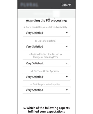 a. Commercial Representative Availability
Very Satisfied
b. On Time quoting
Very Satisfied
c. Ease to Contact the Person in
Charge of Entering PO’s
Very Satisfied
d. On Time Order Approval
Very Satisfied
e. Fast Response to Inquiries
Very Satisfied
4. How satisfied are you with
the following aspects
regarding the PO processing:
5. Which of the following aspects
fulfilled your expectations
Research
 