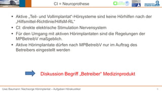 6
CI = Neuroprothese
▪ Aktive „Teil- und Vollimplantat“-Hörsysteme sind keine Hörhilfen nach der
„Hilfsmittel-Richtlinie/H...